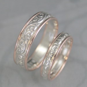 Two Tone Wedding Band Set Flourish Wedding Ring Set for Him and Her Silver and Gold Rings Antique Style Bands Vintage Style Rings Swirl Band