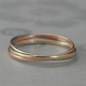 14K Super Skinny Minnie Plain Jane TriColor Rolling RingOne Each of 14K Rose, Yellow and White Gold Band image 1