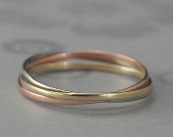 14K Super Skinny Minnie Plain Jane TriColor Rolling Ring--One Each of 14K Rose, Yellow and White Gold Band