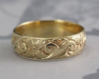 Art Nouveau Ring~Vintage Style Ring~14K Gold Midnight in the Garden Band~Antique Inspired Ring~Floral Ring~Swirl Band~Flower Band~Patterned