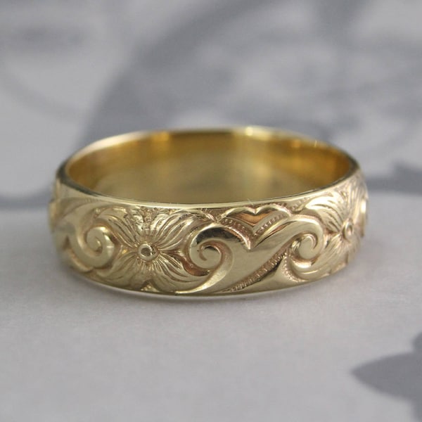 Art Nouveau Ring~Vintage Style Ring~14K Gold Midnight in the Garden Band~Antique Inspired Ring~Floral Ring~Swirl Band~Flower Band~Patterned