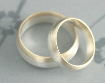 14K Modern Two Tone Set~Bimetal Wedding Band Set~His and Hers Rings~Yellow Gold and Sterling Silver~Brushed Wedding Rings~Wedding Ring Set