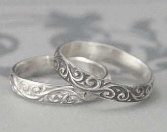 Ring Silver Wedding Band Pattern Silver Ring Womens Wedding Band Mens Wedding Ring Swirl Design Affordable Ring Flourish le Femme Ring Great