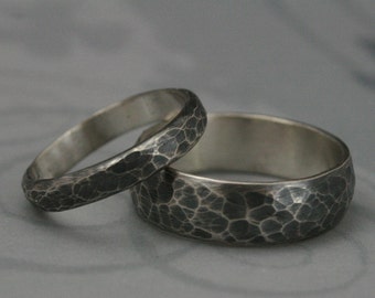 Hammered Bands--Matching Sterling Silver Wedding Ring Set--Oxidized and Brushed--Rustic Wedding Bands