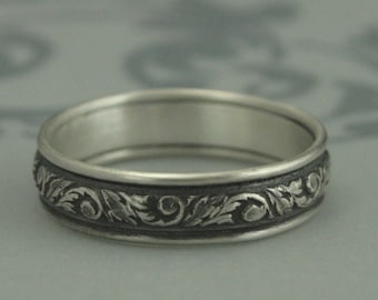 Alliance en argent Alliance à motifs de feuilles Bague de mariage pour hommes Bague en argent et tourbillon faite à la main aux États-Unis avec de l'argent recyclé baroque