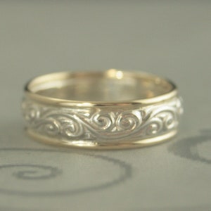 Flourish Wedding Ring 6mm Gold Edged Silver Pattern Ring Two Tone Wedding Band Gold and Silver Ring Elegant Design His or Hers Wedding Band