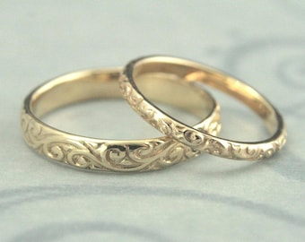 Patterned Wedding Band Set Vintage Style Wedding Rings His and Hers Set Antique Style Rings 14K Gold Rococo Flourish Set His and Hers Bands