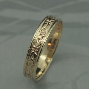Romance in the Garden Wide Wedding Band--Solid 14K Gold Floral Patterned Ring--Solid Gold Romantic Wedding Band-Embossed Design-Made to Size