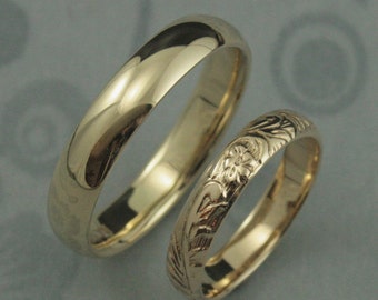 Yellow Gold Wedding Band Set--Comfort Fit Band and Floral Band--Solid Gold His and Hers Bands--14K Gold Wedding Rings