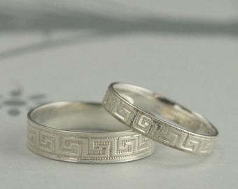 Greek Key Wedding Band Set--My Big Fat Greek Wedding Bands--Sterling Silver Wedding Rings--Greek Fret His and Hers Bands--Handmade to Size