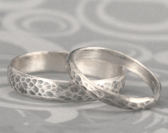 Hammered Bands--Matching Sterling Silver Wedding Ring Set--Oxidized and Brushed Rings--Rustic Wedding Bands Perfect Hammered Bands Recycled