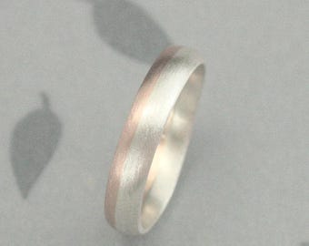 Bimetal Wedding Band Solid 14K Rose Gold and Silver Rounded Wedding Band Two Tone Wedding Ring 4mm Modern Wedding Ring Pink and Silver Ring