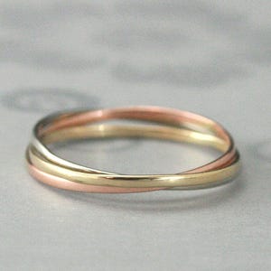 14K Super Skinny Minnie Plain Jane TriColor Rolling Ring One Each of 14K Rose, Yellow and White Gold Bands 1mm Wide by .5mm Thick Rings