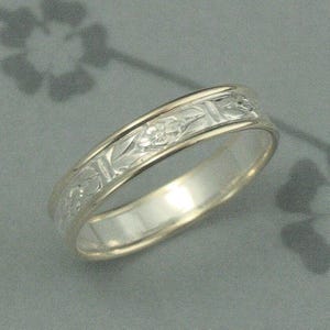 Two Tone Wedding Ring--Romance in the Garden Touch of Gold Ring--Bimetal Band--Patterned Silver Ring--14K Gold Edges