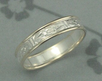 Two Tone Wedding Ring Romance in the Garden Touch of Gold Ring Bimetal Band Patterned Silver Ring Solid Gold Edges 10K or 14K Gold