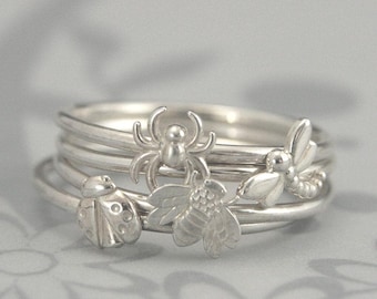 NEW Bugga Bugga Bands--Solid Sterling Silver Stacking Set of All 4 Bugs--Ladybug, Bumble Bee, Dragonfly, and Spider-Custom Made in Your Size