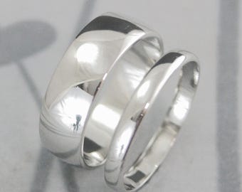 Platina trouwring SET 7 mm brede platina ring 3 mm brede platina ring trouwring massief platina afgeronde traditionele stijl ringen handgemaakt