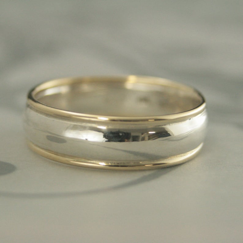 Band Comfort Fit Ring Two Tone Band Silver and Gold Ring Men\u2019s Wedding Band 6mm Wide Ring Comfortable Men\u2019s Ring Touch of Gold Band Handmade