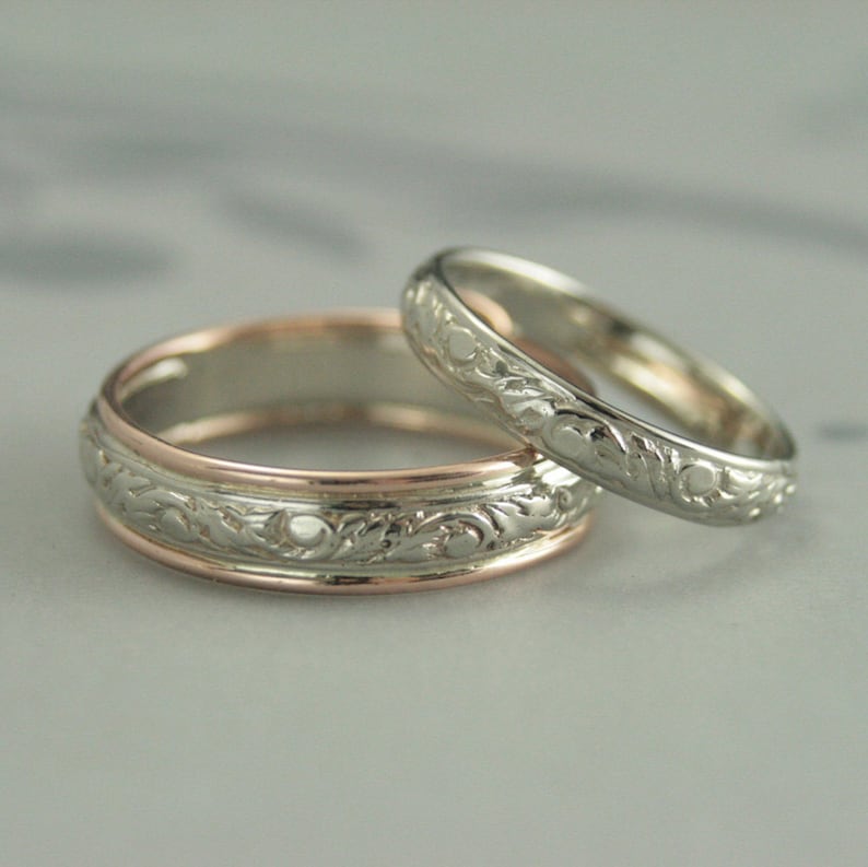 Gold and Silver Wedding Band SetGoing Baroque Touch of Gold Bimetal Wedding RingsVine and Leaf BandsTwo Tone Wedding Bands image 2