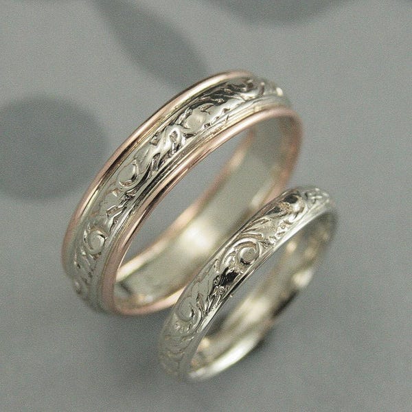 Gold and Silver Wedding Band Set Going Baroque Touch of Gold Bimetal Wedding Rings Vine and Leaf Bands Two Tone Wedding Bands