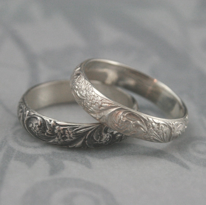 Vintage Style Band Silver Wedding Band Bridal Bouquet Band Floral Ring Flourish Patterned Ring Women's Wedding Ring Oxidized Silver Ring image 2