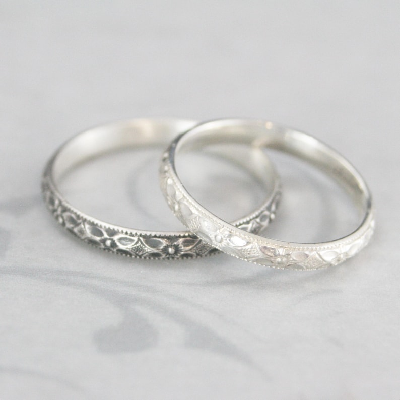 Silver Wedding Ring for Women Patterned Band Wedding Women's Silver Ring Renaissance Band Stacking Ring Milgrain Wedding Band Milgrain Ring image 2
