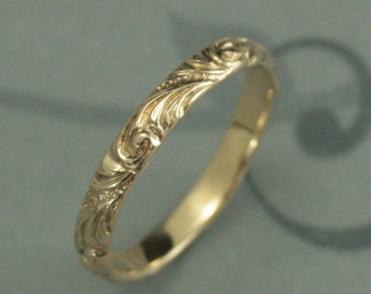 Gelbgold-Ehering Florence Damen-Ehering aus Gold im Vintage-Stil, Ehering mit Wirbelmuster, eleganter Jubiläumsring