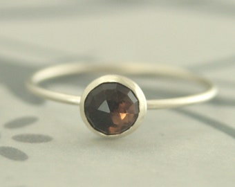 6mm Rose Cut Smoky Quartz Ring Sterling Silver Genuine Gemstone Gem Candy Stacking Ring Bezel Set Smoky Quartz Stone for Anxiety Relief