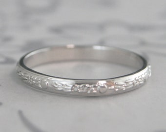 Platinum Wedding Ring Women's Platinum Band Floral Monet Ring Embossed Flower Ring Women's Platinum Wedding Band Vintage Style Ring