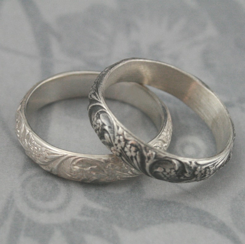 Vintage Style Band Silver Wedding Band Bridal Bouquet Band Floral Ring Flourish Patterned Ring Women's Wedding Ring Oxidized Silver Ring image 3