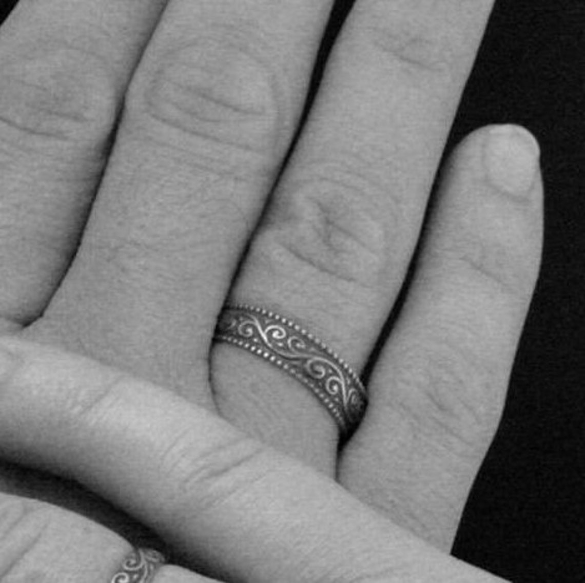 Oxidized Silver Ring Mens Wedding Band Flourish Wide Patterned Etsy