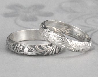 Silver Floral Band Leaf and Flower Ring Neoclassical Floral Ring Sterling Silver Floral Patterned Wedding Band
