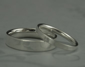 The Straight and Narrow Comfort Fit Sterling Silver Flat Wedding Set--Flat Edge Bands--His and Hers Bands--Simple Silver Wedding Bands