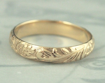 Solid Gold Neoclassic Ring Floral Wedding Band Solid Gold Wedding Ring with Flower and Leaf Design Rounded Band Patterned Ring 10K 14K 18K
