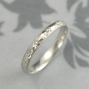 Women&#39;s White Gold Wedding Band Renaissance Band Vintage Style Ring Milgrain Edge Orange Blossom Band Antique Style Band Patterned Band 14K