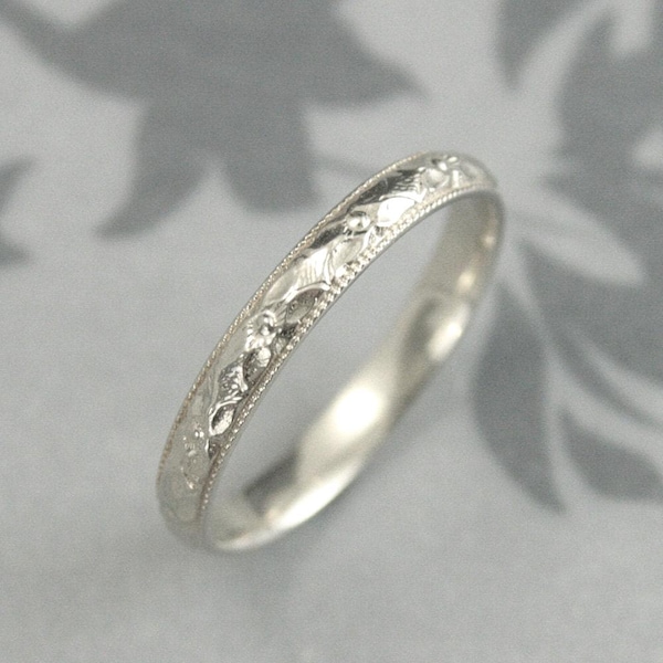 Women's White Gold Wedding Band Renaissance Band Vintage Style Ring Milgrain Edge Orange Blossom Band Antique Style Band Patterned Band 14K