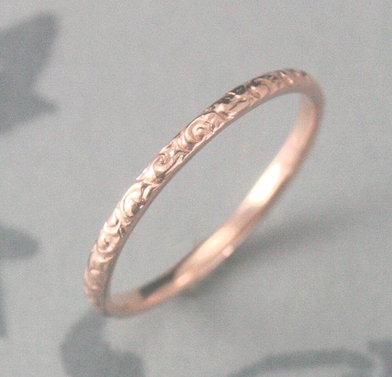 Thin Rose Gold Wedding Ring 14K Rose Gold Rococo in the Disco Wedding Band Solid 14K Gold Swirl Patterned Ring Custom Made in YOUR Size image 1
