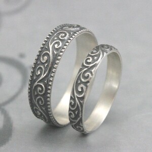 Anillos de estilo vintage, conjunto de boda Flourish, alianzas de plata, anillo de boda para hombre, alianza de boda para mujer, anillos de promesa para él y para ella, plata. imagen 2