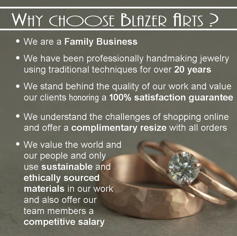 May include: A close-up of two gold rings with a diamond on the top ring. The text "WHY CHOOSE BLAZER ARTS?" is at the top of the image. The text below the rings reads: "We value the world and our people and only use sustainable and ethically sourced materials in our work and also offer our team members a competitive salary."