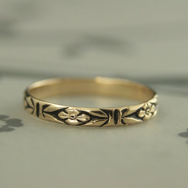Gold Antiqued Ring~Gold Wedding Band~Orange Blossom Ring~Romance Band~Antiqued Gold Band~Black Gold Ring~Women Gold Ring~Vintage Style Ring