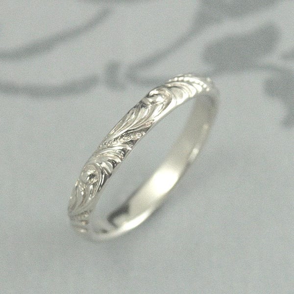 White Gold Wedding Band Florence Flourish Patterned Ring Vintage Style Wedding Ring Swirl Patterned Band Elegant Anniversary Ring