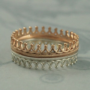 Pretty in Pink Princess Crown Ring Stacking Set--Solid 14K Rose Gold Crown Ring--Interlocking Ring Set--Unique Women's Wedding Band