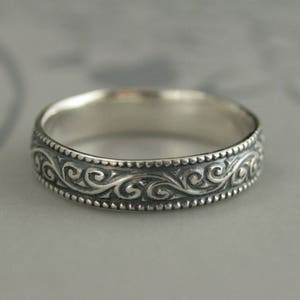 Oxidized Silver Ring Mens Wedding Band Flourish Wide Patterned Band Milgrain Wedding Band Mens Milgrain Ring Swirl Ring Vintage Style