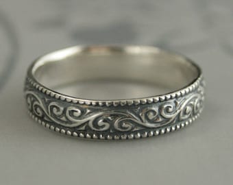 Oxidized Silver Ring Mens Wedding Band Flourish Wide Patterned Band Milgrain Wedding Band Mens Milgrain Ring Swirl Ring Vintage Style