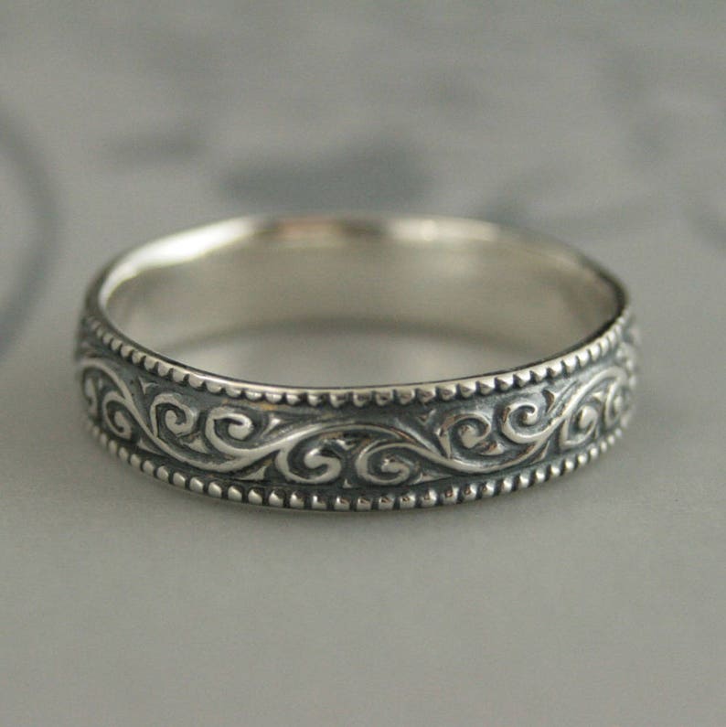 Oxidized Silver Ring Mens Wedding Band Flourish Wide Patterned Etsy