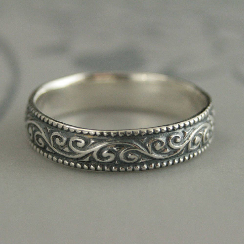 Oxidized Silver Ring Mens Wedding Band Flourish Wide Patterned Etsy