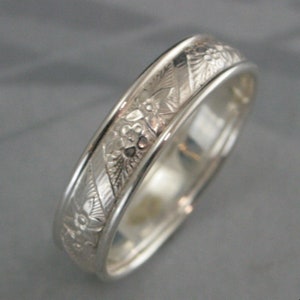 Wide Silver Ring Spring Flowers Edged Band Sterling Silver Men's Ring Women's Wedding Band Floral Patterned Ring Handmade Wedding Ring image 2