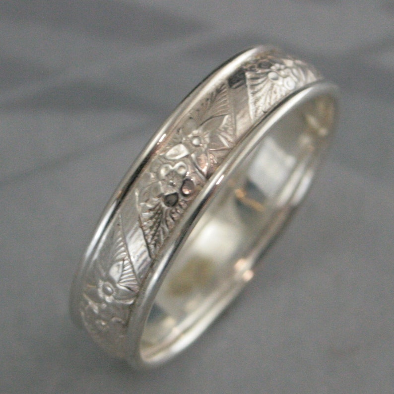 Wide Silver Ring Spring Flowers Edged Band Sterling Silver Men's Ring Women's Wedding Band Floral Patterned Ring Handmade Wedding Ring image 2