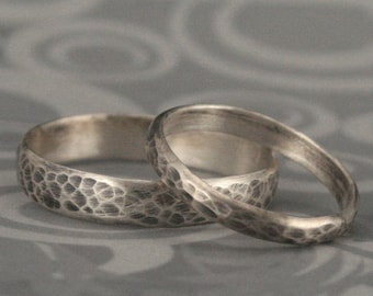 Hammered Bands--Matching Sterling Silver Wedding Ring Set--Oxidized and Brushed Rings--Rustic Wedding Bands