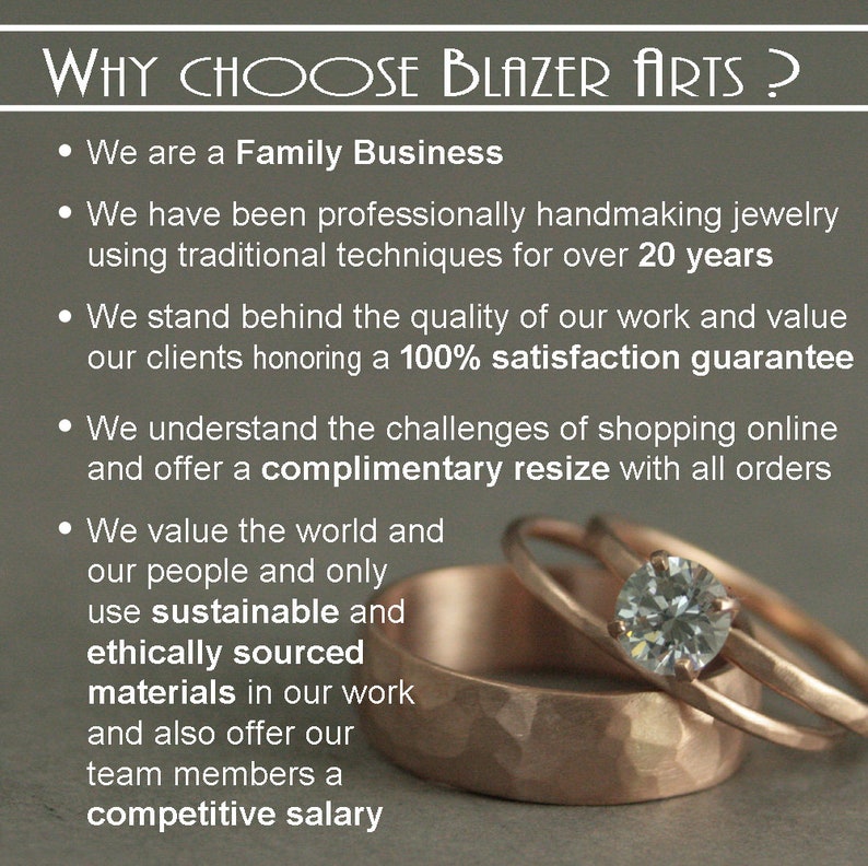 May include: A close-up of two gold rings with a diamond on the top ring. The text "WHY CHOOSE BLAZER ARTS?" is at the top of the image. The text below the rings reads: "We value the world and our people and only use sustainable and ethically sourced materials in our work and also offer our team members a competitive salary."